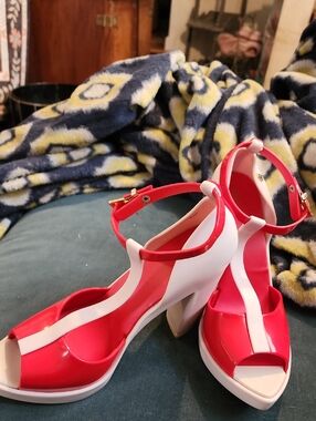 Melissa Red and White T-Strap Block Heels. Size 7. New